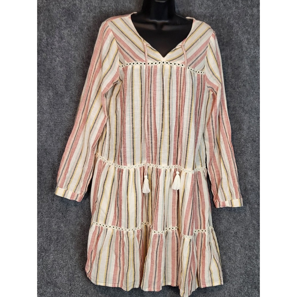Caslon Women Striped Tiered‎ Tunic Dress Long Sleeve Eyelet Milkmaid Cottagecore